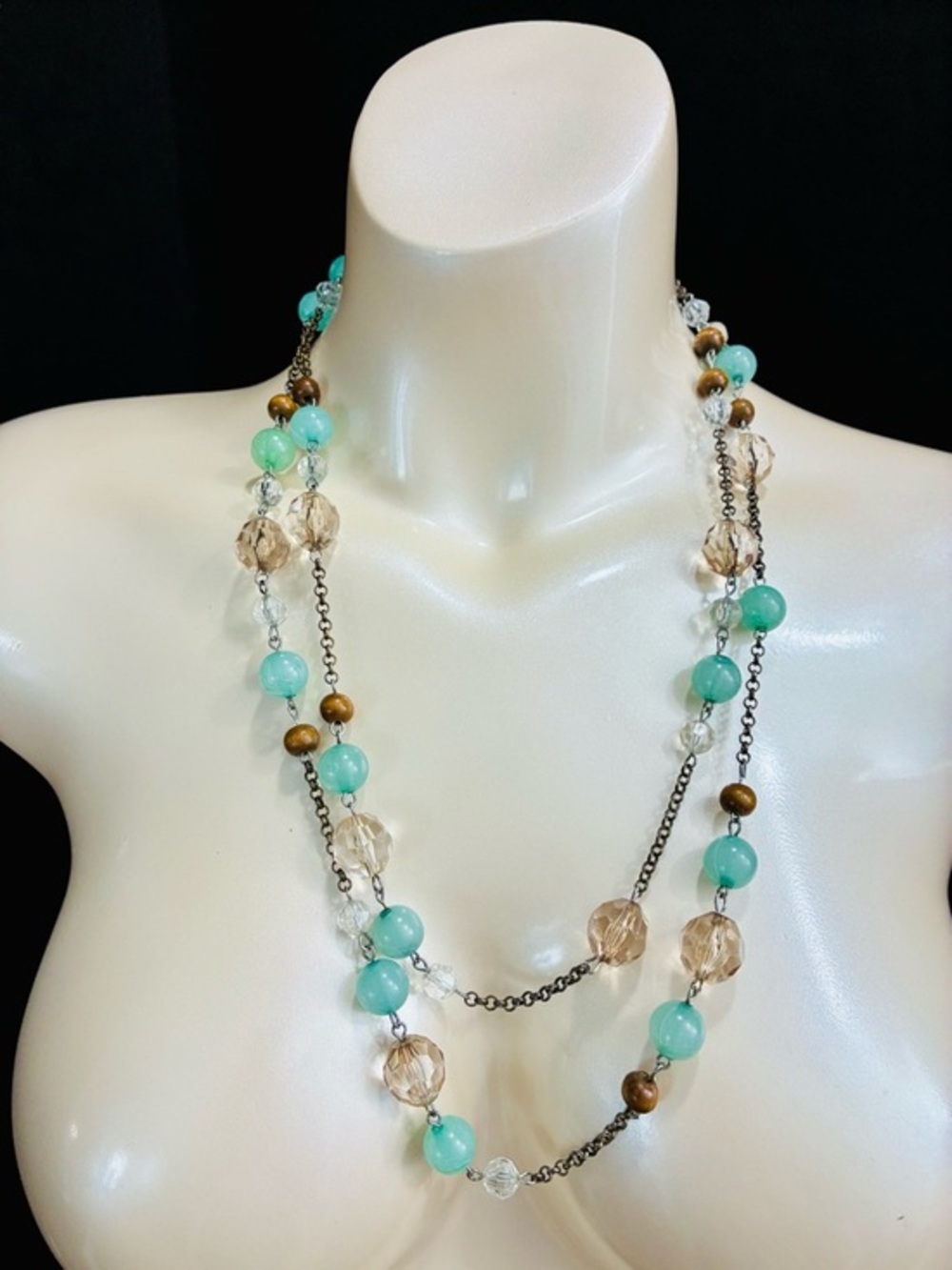 Long Aqua Bead Station Necklace - Bohemian Beach Chic Casual Coastal Everyday